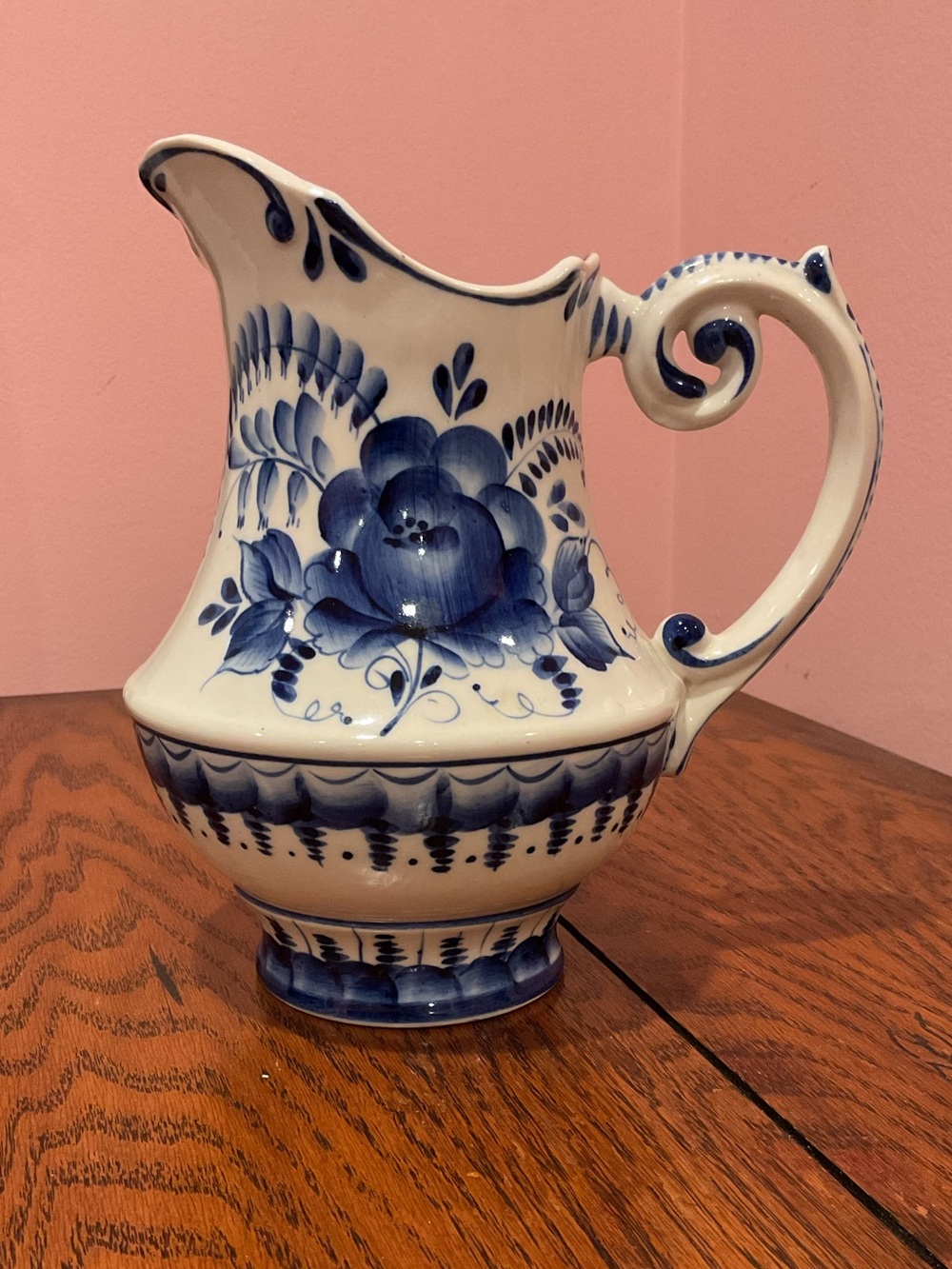 Russian Gzhel Blue and White Floral Ceramic Pitcher - Home Art